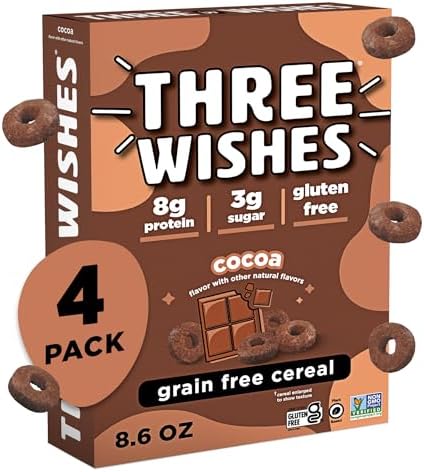 Three Wishes Protein and Gluten-Free Breakfast Cereal - Cocoa, 4 Pack - High Protein and Low Sugar Snack - Vegan, Kosher, Grain-Free and Dairy-Free - Non-GMO
