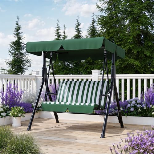 Image of Garvee Outdoor Porch Swing with Adjustable Canopy, 3-Seat Patio Swing Chair with Stand, Heavy Duty Outdoor Swing for Adults, Metal Frame Patio Swing for Garden, Backyard & Poolside,Striped Green