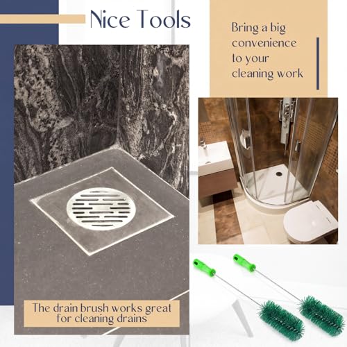 Image of Baderke 2 Pcs Drain Brush Pipe Cleaning Tube Brush, Green, 19.7 x 2.4 Inch | Nylon Long Tube Cleaner, 2 Inch Drain Scrubber, PVC Shower Pipe Brush for Kitchen Sink, Water Bottle, Flexible Cleaning Tool