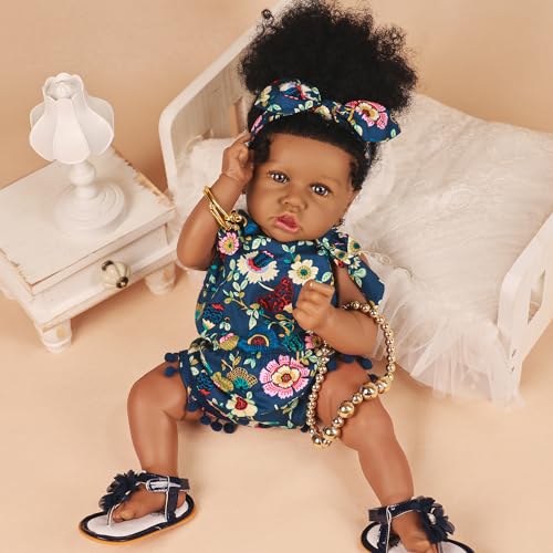 Image of HOOMAI Reborn Baby Black Dolls African American Lifelike Silicone Doll Realistic 22.8 Inch with Cloth Body Birthday Gift Set for Ages 3+