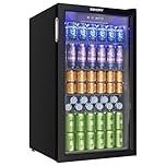 EUHOMY 90L Drinks Fridge, 126 Can Beer Fridge with Glass Door, Wine fridge with Adjustable Shelves for Soda Beer or Wine, Home/Bar/Office, Black, Steel, One-Touch Control [Energy Class F]