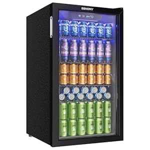 EUHOMY Getränkekühlschrank, Mini-Kühlschrank für 126 Dosen mit Glastür, kleiner Kühlschrank mit verstellbaren Regalen für Limonade, Bier oder Wein, für Zuhause/Bar/Büro, Schwarz Edelstahl