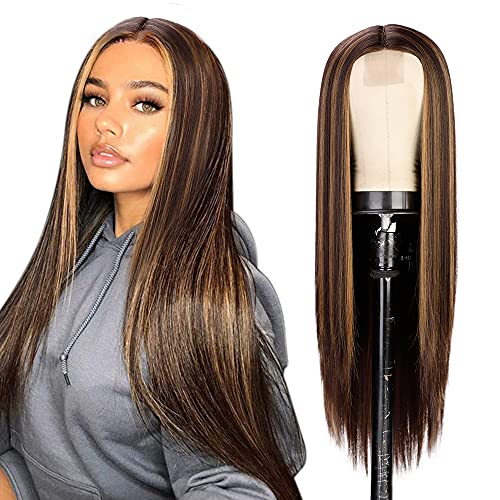 Isaic Long Straight Highlights Wigs for Women 28 Inch Synthetic Mix Color Wig Middle Part Ombre Blonde Highlights Hair Wigs Natural Looking Heat Resistant Daily Party Use
