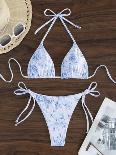 Image of Tainehs Women's Sexy Halter Thong Bikini Tie Two Sides Bottom Triangle Bikini Swimsuits
