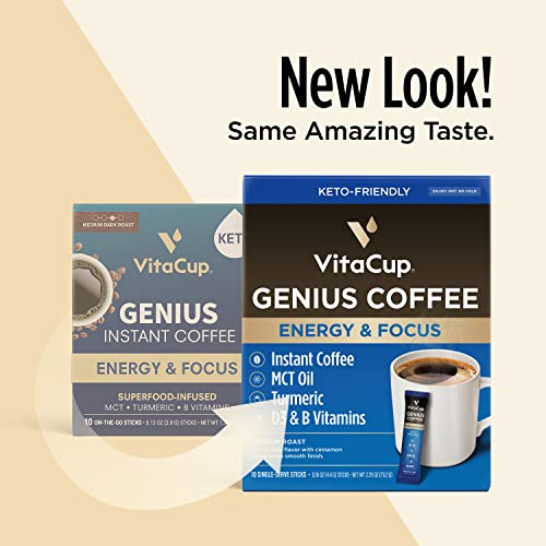 Vitacup Genius Instant Coffee Packets, Increase Energy & Focus, Keto Coffee, Serve Hot Or Cold Brew, Mct Oil, Turmeric, B Vitamins, D3, Bold & Smooth,100% Arabica Coffee In Single Serve Sticks, 10 Ct #TOP4
