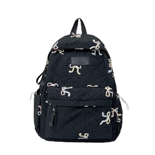 Avzyardy Girls Black Large Capacity Student Backpack For Women, Nylon Laptop Rucksack With Bow, Aesthetic School Bag Multi-Pocket Daypack For College Travel Outdoor Picnic Camping