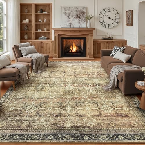 Carpelux Washable Area Rugs 9x12 Vintage Brown, Large Indoor Rug