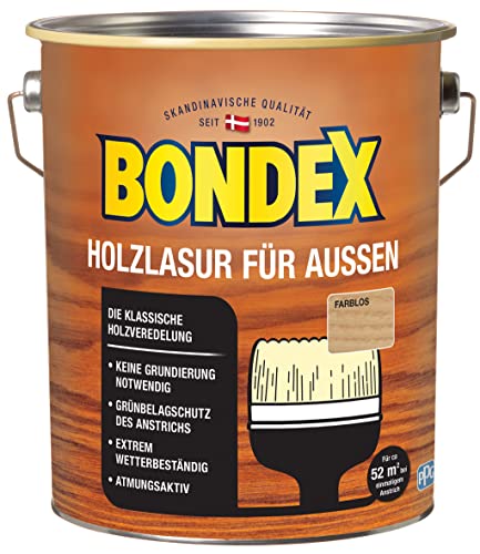 Bondex Holzlasur für Außen Farblos 4 L für 52 m | Hoher Wetter- und UV-Schutz | Natürliches Abwittern - kein Abplatzen | seidenmatt | Holzschutzlasur | Holzlasur