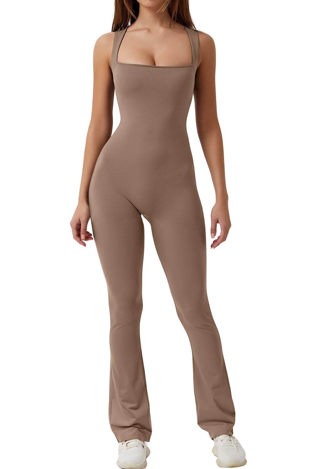 QINSEN Black Jumpsuit for Women Sleeveless Sexy Suqare Neck Stretch Flare Leggings Romper Unitard