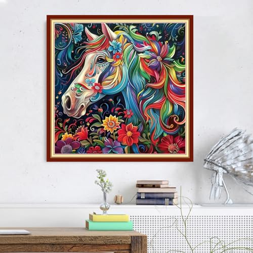 Image of Magxvouy Cross Stitch Kits Stamped Full Range of Embroidery Kits,Cross Stitch Patterns Needlework Kits for Beginners 11CT Printed Kits&Steed Flowers 18x18 inch