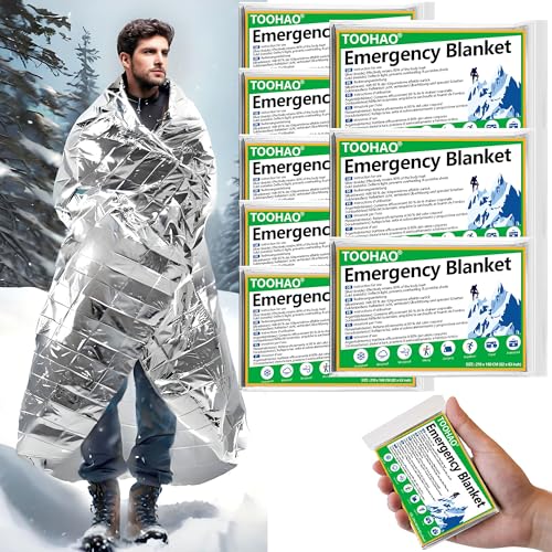TOOHAO Coperta Termica Emergenza 8 Pezzi, 210×160cm, Coperta Isotermica Argento, Telo Termico per Escursionismo Sopravvivenza Pronto Soccorso Auto, Resistente Antistrappo