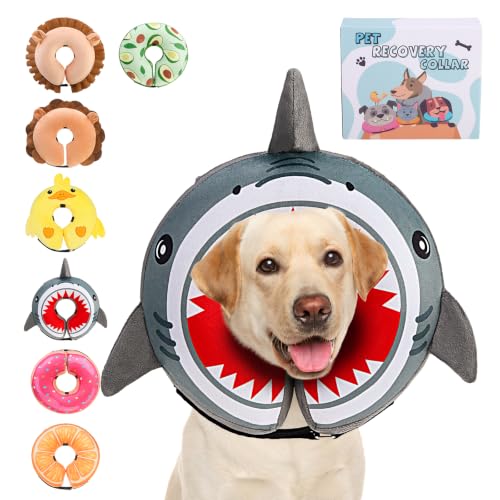 Image of KOOLTAIL Inflatable Dog Cone Collar, Soft Donut E Collar for Dogs After Surgery to Stop Licking Enhanced Alternative, Blow Up Pet Neck Pillow Recovery Adjustable Cone for Dog Cat, Upgrade Size,Shark L