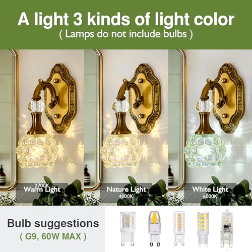 Image of Vintage Gold Wall Sconce 1-Light Glass Globe Vanity Light Antique Wall Light Fixtures Indoor for Bathroom Hallway Farmhouse Bedroom Living Room(Brushed Brass)