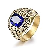MASOP Stainless Steel High School Gold Color Rings for Men Sappire Color Blue Stone Eagle Jewelry Size 8