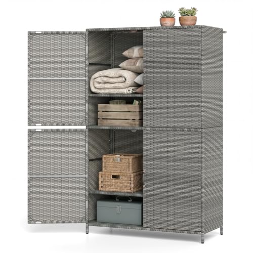 Tangkula Rattan Outdoor Storage Cabinet, Patiojoy Outdoor Cabinet with 2 Adjustable Shelves, 4 Doors, Patio Storage Deck Box Table for Patio Garden Poolside