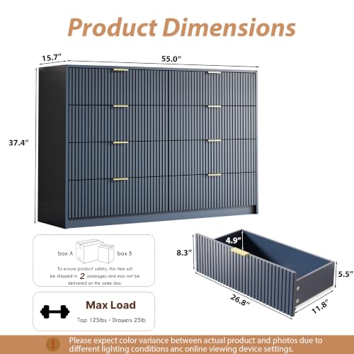 Image of MAISONARIA Navy Dresser for Bedroom, 8 Drawer Double Dresser, Modern Chest of Drawers for Bedroom, Living Room, Entryway and Closet, 55 inch L x 15.7 inch D x 37.4 inch H