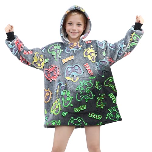 KIVEE Wearable Blanket Hoodie Kids Gaming Sweatshirt Blanket with Giant Pocket Glow in the Dark Gamer Hooded Blanket 6-10 Year Old Girl Boy Birthday Christmas Gamer Gifts