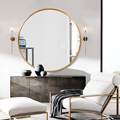 Pexfix Round Mirror Circle Mirror 36" Aluminum Alloy Frame Wall Mounted Mirror Bathroom Vanity Mirror - Titanium Gold #TOP2