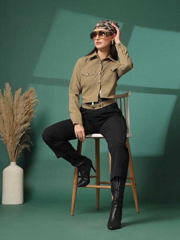 Image of CHKOKKO Solid Crop Jackets for Women stylish latest Long Sleeve Stylish Winter Shirt Jacket Casual Outerwear for Office