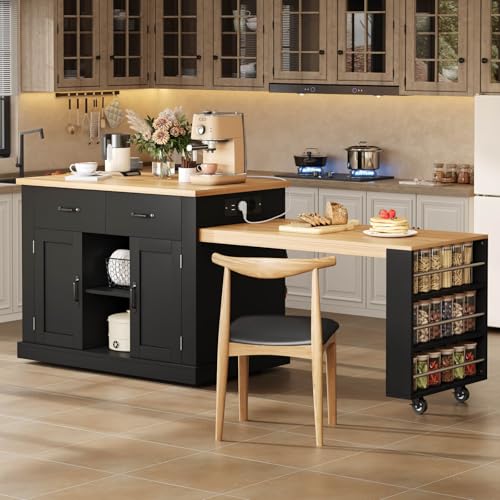 Sweiko Îlot de Cuisine Mobile avec Prise électrique et 2 Ports USB, îlot Central Cuisine avec Table Extensible et Rangement modulable, Kitchen Island avec 7 roulettes...