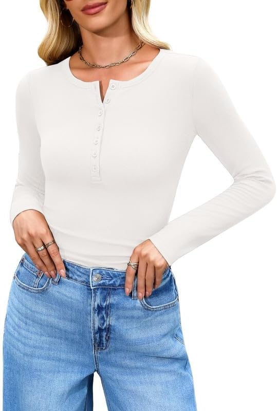 Long Sleeve Shirts for Women 2025 Spring Fall Tops Henley Button Ribbed Tunic Slim Fit Trendy Outfits