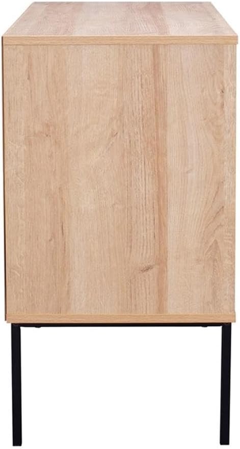 CorLiving Emmett Engineered Wood Sideboard with 2 Rattan Covered Doors and 4 Shelves and Metal Legs, Light Brown