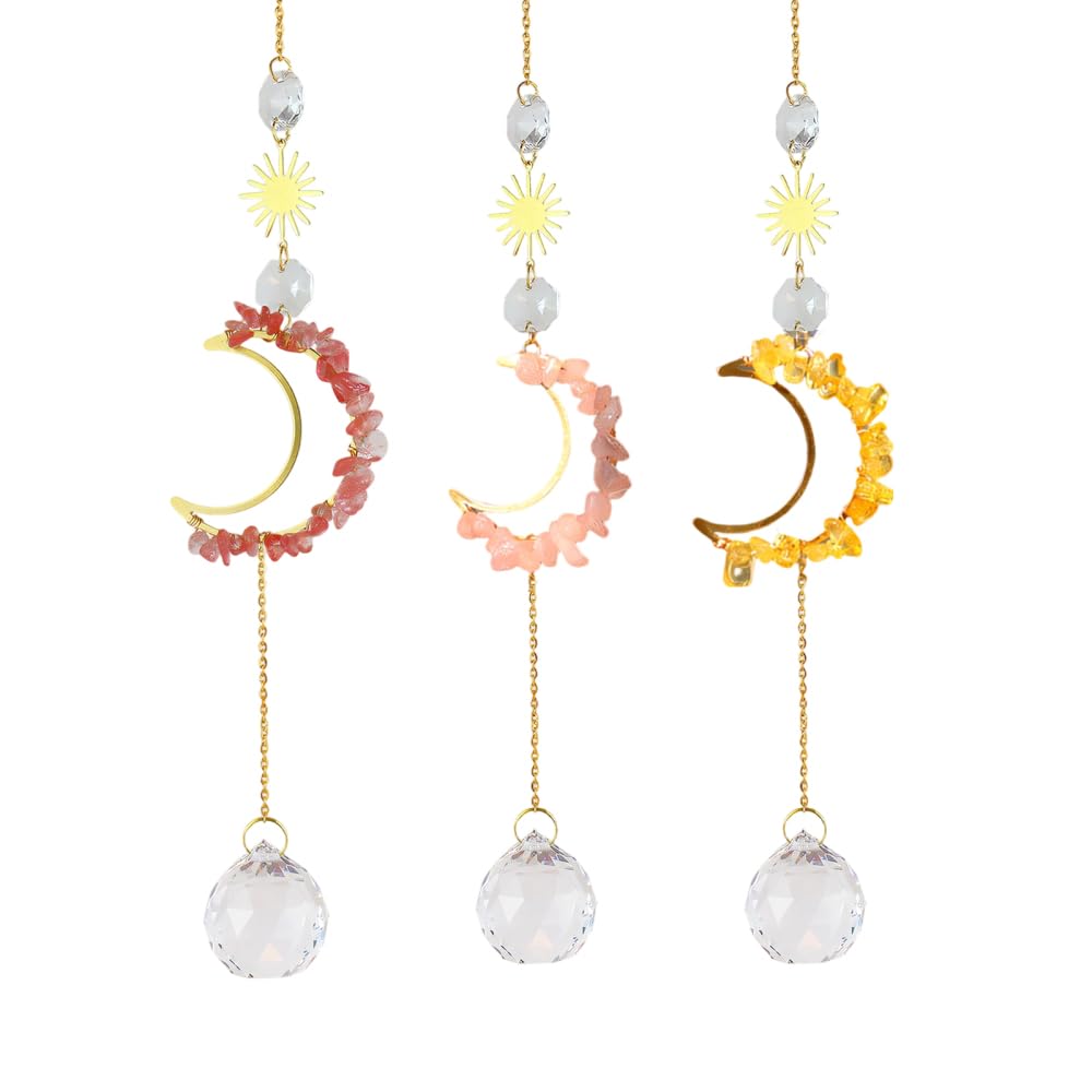 Crystal Suncatcher Pendant, 3Pcs Hanging Colorful Sun Catchers Prism Moon Pendants for Home Window Wall Decor