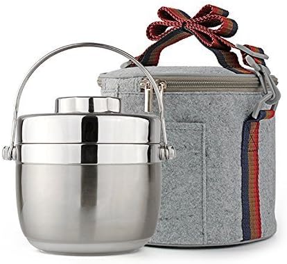 Fatmingo Stainless Steel Thermal Food Container,Insulated Lunch Box 2 Tier with Insulation Hand Bags 1.2L Silver by Fatmingo