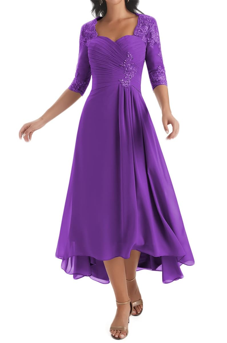 HPPEE Tea Length Mother of the Bride Dresses for Women Pleated A Line Lace Applique A Line Chiffon Long Formal Dress Purple UK18
