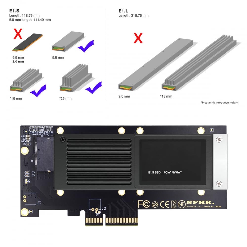 CY Adapter PCI-E 4.0 4X Host Adapter to NVMe Ruler 1U GEN-Z EDSFF 9.5mm 15mm 25mm Thickness Short SSD E1.S with Heat Sink PM9A3 PM9D3 P5801X Carrier Adapter