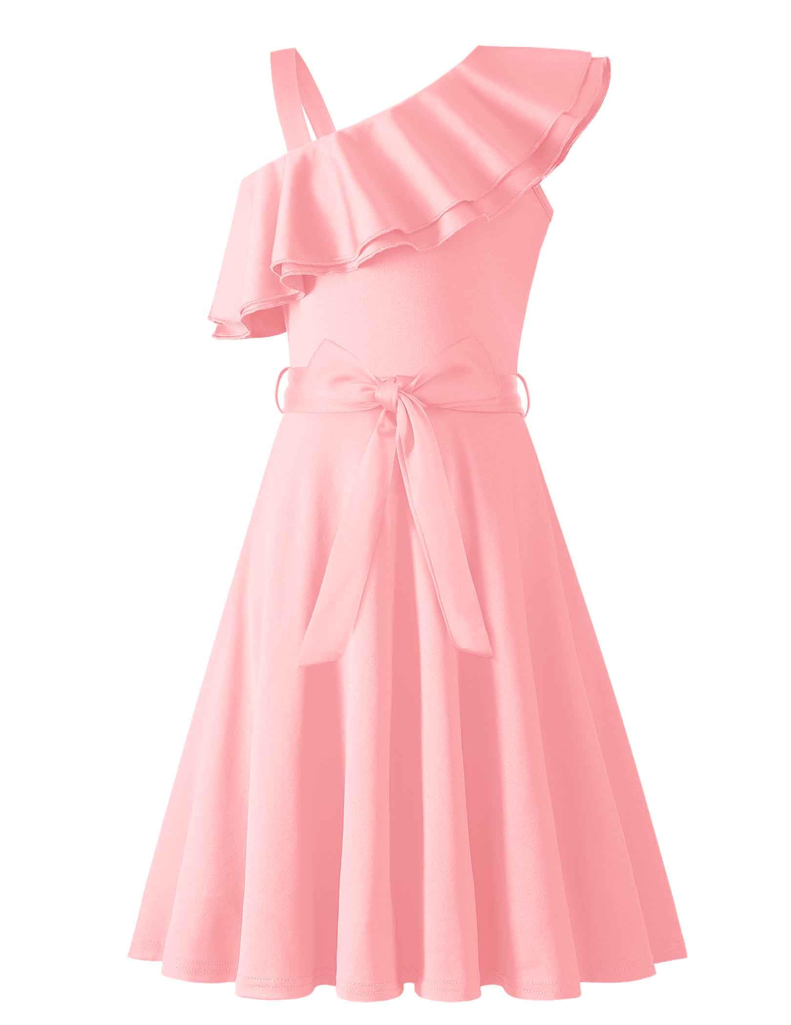 Arshiner Girls Dress One Shoulder Formal Ruffle Trim Birthday Party Dresses with Belted Pockets for 5-12 Years