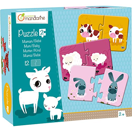 My Mandarine JE502O - Une boite de 12 puzzles 2 pièces Mamans et bébé 8x12 cm à assembler