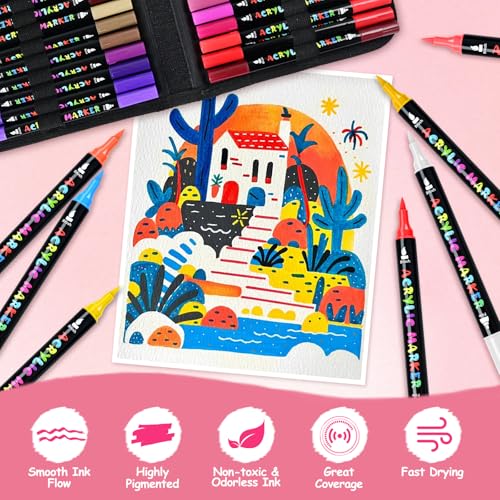 Image of IVSUN 100 Colors Acrylic Paint Pens, Dual Tip Paint Markers | Fine & brush tips, ready to use, includes portable carrying case, works on rock, wood, canvas, ceramic, glass and metal.