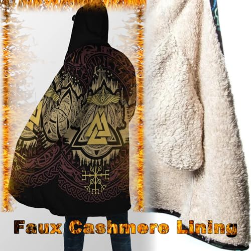 Viking Unisex Winter Cloak 3D Print Valaknut Odin Raven Coats with Hood, Thermal Fleece-Lined Relaxed Hip Hop Jacket2