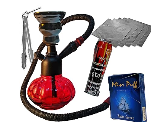 Image of Premium Glass Hookah Set with Free Tongs, Charcoal, Flavours (0% Tobacco & Nicotine), 40 cm Height (Economy-RED-8inch)