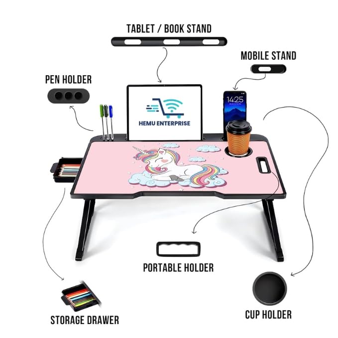 Image of Smart Multipurpose Foldable Laptop Table with Cup Holder, Study Table, Bed Table, Breakfast Table, Foldable and Portable /Ergonomic & Rounded Edges /Non-Slip Legs (uni)