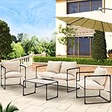 YOLENY Patio Furniture Set, 4-Piece Outdoor Patio Set with Water-Resistant Cushion and Coffee Table, Outside Metal Patio Conversation Set for Balcony, Porch, Lawn, and Backyard