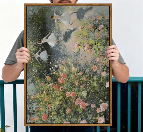 Image of KISSFOX Vintage Framed Wall Art Ballerinas Dancing in Rose Garden Canvas Art Prints Rustic Farmhouse Pictures Wall Decor Cottagecore Summer Aesthetic Paintings Artwork For Dorm Bedroom Apartment