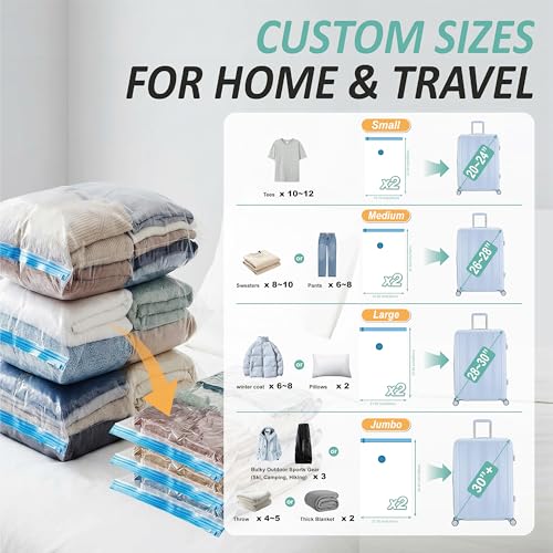 Image of Cozy Essential Travel Vacuum Storage Bags with Rechargeable Cordless USB Pump, Space Saver Bags for Luggage, Suitcase, Carry-On, for Clothes, Blankets, Bedding & Seasonal Storage,8 Combo