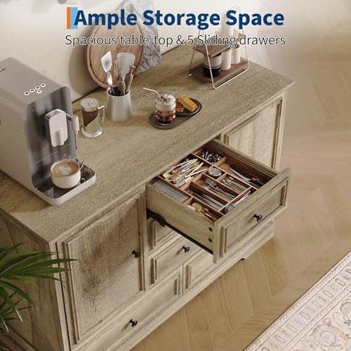 Garvee Farmhouse Sideboard Buffet Cabinet with 5 Drawers and 2 Doors, 47" Kitchen Storage Cabinet, Wood Coffee Bar Cabinet with Adjustable Shelves for Dining Room Living Room, Oak - image 4