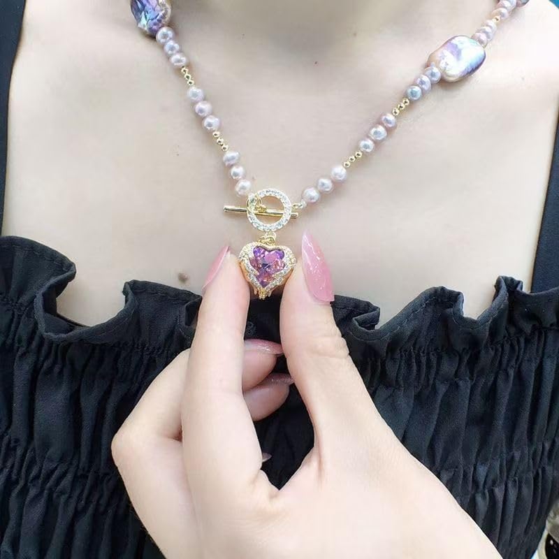 Natural Freshwater Pearl Ocean Heart Necklace, Gorgeous Purple Baroque Collarbone Chain, approximately 17.72 inches, a jewelry gift for ladies.