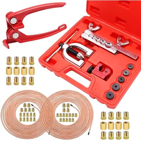 Eoppen 25 ft 3/16 + 1/4 Copper Coated Brake Line Kit(Includes 48 Fittings and 8 Unions) with Tube Bender and Double & Single Flaring Tool Kit Cover
