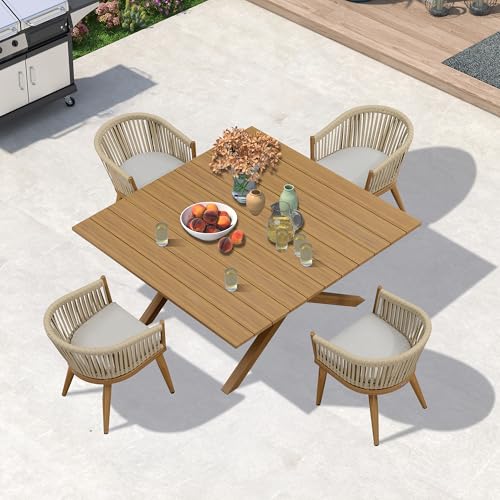 Image of PURPLE LEAF 5 Pieces Oversized Square Outdoor Dining Set with Patio Aluminium Dining Table and Wicker Chairs Modern Furniture Cushions Sets for Backyard Indoor Decor Kitchen Teak