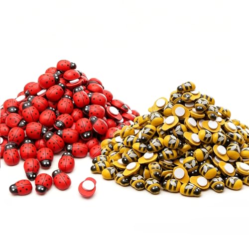 Lot 400 Pièces Mini Coccinelles et Abeilles en Bois Autocollantes, 200 Rouges et 200 Jaunes 10x13mm avec Point Mousse, Décoration Adhésive pour...