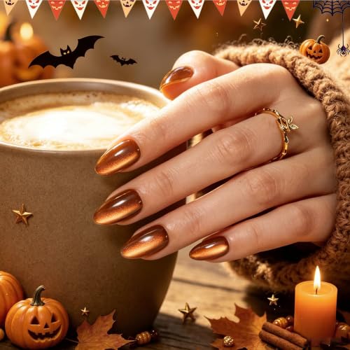 Image of Beetles Cat Eye Press On Nails Short Almond, 32PCS, Pumpkin Spice Halloween | 16 Sizes False Nails, Salon-Quality for Women, 10-Minute Easy Daily Application, All-in-One Complete Kit