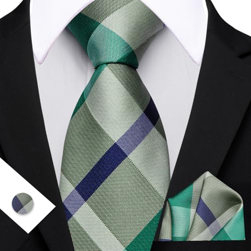 Image of Barry.Wang Plaid Ties for Men Silk Necktie Handkerchief Cuff Links Set