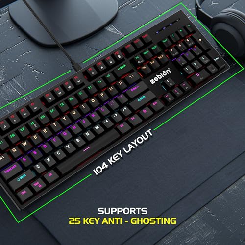 Image of Zebion Spear Mechanical Gaming Keyboard, Tacticle Switches, 16 Lighting Effects, 25 Anti Ghosting Keys, 12 Multimedia Keys, Square Keycaps, Full Size Wired Keyboard for Windows /Mac /PC (Black)