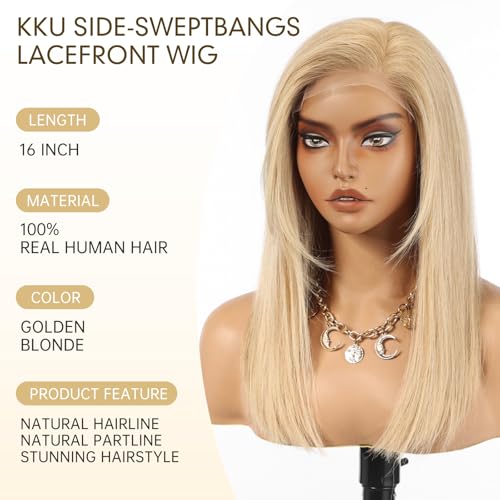 Image of KKU 100% Human Hair Wigs for Women,Real Human Hair Wigs,Side Swept Bangs Lace Front Wig(16 Inch,Golden Blonde)