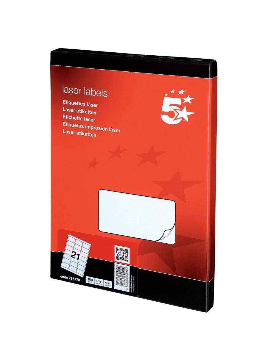 5 Star White 2Xoffice Multipurpose Labels Laser 21 Per Sheet 63.5X38.1mm [2100 Labels]