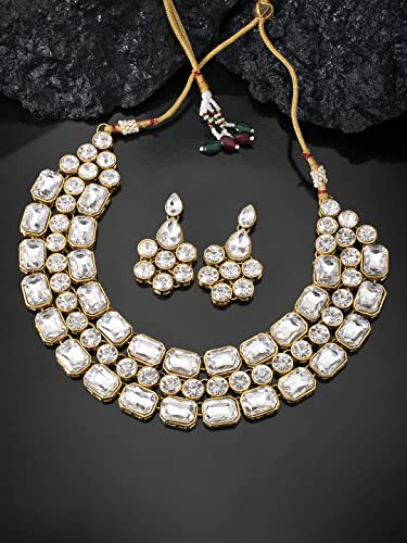 Image of Peora Crystal Studded Gold Plated Layered Long Necklace & Dangle Earring Jewellery Set for Women & Girls